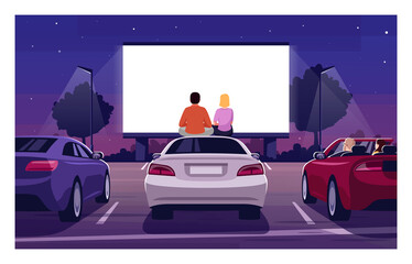 Canvas Print - Romantic movie night semi flat vector illustration. Open air cinema. Drive in premiere. Weekend entertainment in public parking. Couple watch film 2D cartoon characters for commercial use