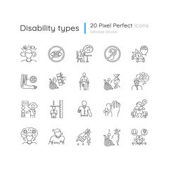 Sticker - Disability types linear icons set. Blindness and deafness. Developmental delay form dyslexia. Customizable thin line contour symbols. Isolated vector outline illustrations. Editable stroke