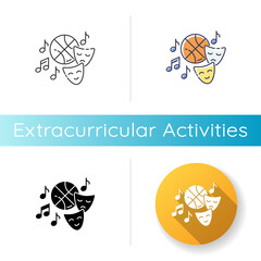 Wall Mural - Extracurricular activities icon. Linear black and RGB color styles. Different academic clubs, highschool hobbies. Sport training, drama class, dancing and music. Isolated vector illustrations