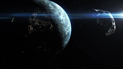 Wall Mural - asteroid meteor rock flying toward planet earth realitic cinematic vision of earth and large meteor 