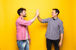 © F8  \ Suport Ukraine - Portrait of a two delighted young men celebrating with high five gesture over yellow background