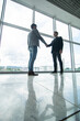 © F8  \ Suport Ukraine - Full length side view of businessmen shaking hands in office building windows background