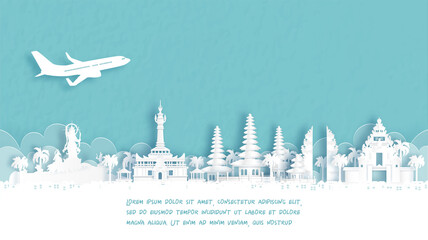 Fototapete - Travel poster with Welcome to Denpasar, Bali, Indonesia famous landmark in paper cut style vector illustration.