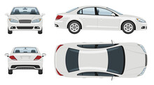 White Car Vector Template With Simple Colors Without Gradients And Effects. View From Side, Front, Back, And Top