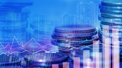 Wall Mural - Double exposure of coins stack with graph chart. Economic, financial and stock market growth concept. Forex trading candlestick chart economic, ECN Digital economy, business, money, passive income.