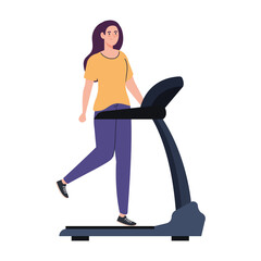 Sticker - woman running on treadmill, ectrical training machine on white background