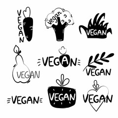 Vegan labels set. Label and badge templates. Collection of emblems and stamps. Organic vegetable food emblem, ecology product promotion healthy market, hand drawn black vector illustration