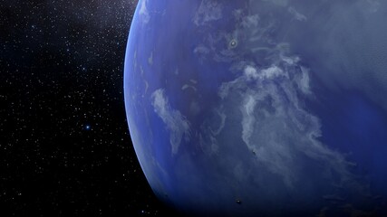 beautiful view of the exo planet in space and the surface against the background of stars and galaxies in bright colors, space fantasy, space background 3d render	
