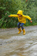 © Olga Gimaeva - Kid playing in the rain in autumn park. Child jumping in muddy puddle on rainy fall day. Little boy in rain boots and yellow jacket outdoors in heavy shower. Kids waterproof footwear and coat.