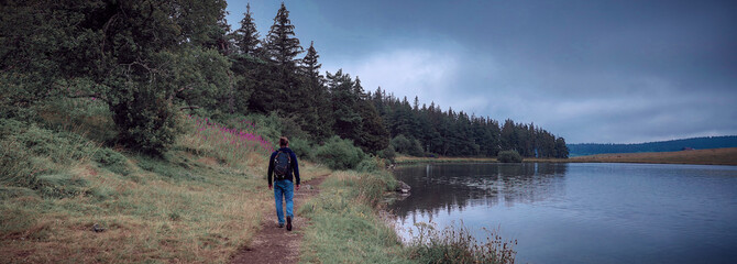 man walking on path, lake and forest