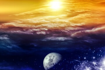 Wall Mural - sunset and moon . natural landscape of the atmosphere . new moon.