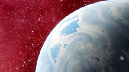 beautiful view of the exo planet in space and the surface against the background of stars and galaxies in bright colors, space fantasy, space background 3d render	
