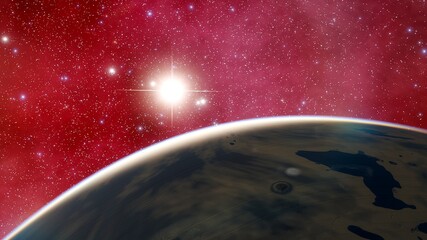 beautiful view of the exo planet in space and the surface against the background of stars and galaxies in bright colors, space fantasy, space background 3d render	
