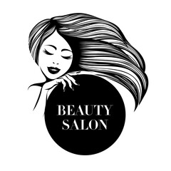 Wall Mural - Woman with long hair flowing, elegant makeup and manicure.Wavy hairstyle young lady.Hair salon, nails art and beauty studio logo.Cosmetics and spa icon.Pretty girl portrait.Front view smiling face.