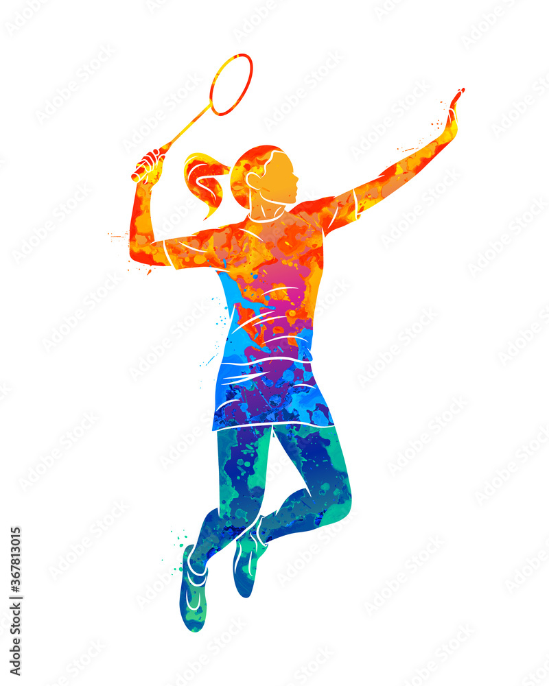 Abstract young woman badminton player jumping with a racket from splash ...