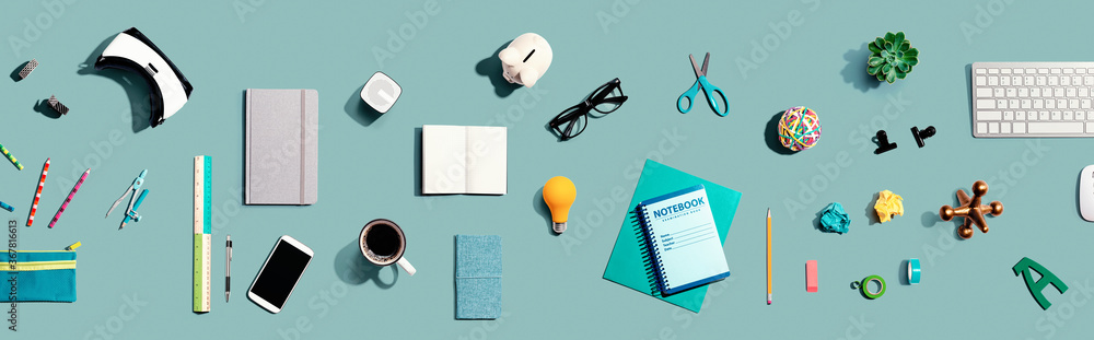 Collection of electronic gadgets and office supplies - flat lay - obrazy, fototapety, plakaty 
