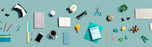 Collection Of Electronic Gadgets And Office Supplies - Flat Lay
