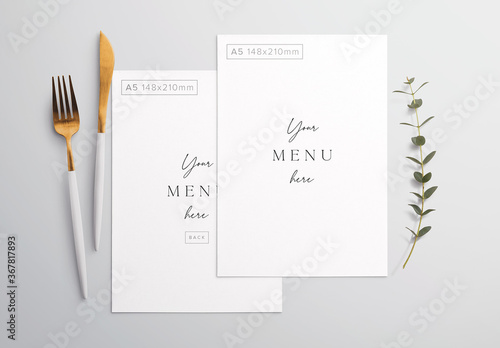 Menu On Table With Cutlery And Eucalyptus Mockup Stock Template Adobe Stock
