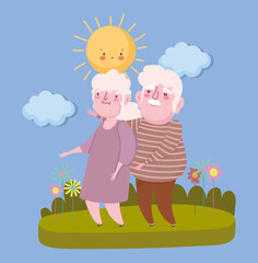 happy grandparents day, grandpa and grandma standing together landscape nature cartoon