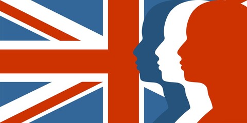 Wall Mural - man avatar profile view. male face silhouettes row. flag of united kingdom