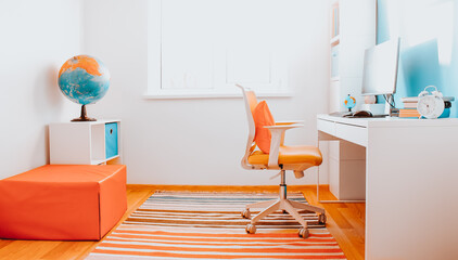 Colourful children rooom with white walls and furniture