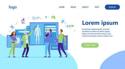  Senior professor lecturing students group in classroom. Grey haired doctor pointing at body silhouette, explaining human anatomy. Vector illustration for education, conference, class, medicine concept