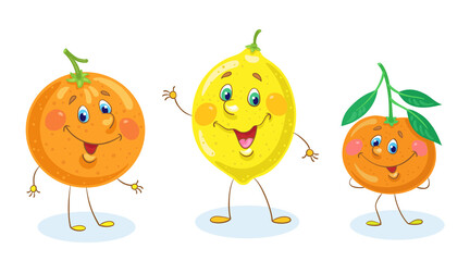 Poster - Citrus. Funny orange, yellow lemon and tangerine. In a cartoon style. Isolated on white background. Vector flat illustration.