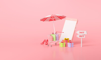 Wall Mural - Online Mobile Shopping concept. summer sale promotion gift and shopping cart on pink background, online store for advertising, banner, brochure and web template. 3D rendering illustration.