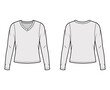 © Vectoressa - V-neck jersey sweater technical fashion illustration with long sleeves, oversized body. Flat outwear apparel template front back grey color. Women men unisex shirt top CAD mockup