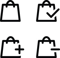 Shopping bag vector icon set. Empty bag, item added, add item, remove item icons in black over white background. 