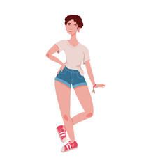 A happy smiling girl with short hair isolated in white background. A young modern woman in shorts and t-shirt. Flat vector illustration.