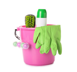 Set of cleaning supplies on white background