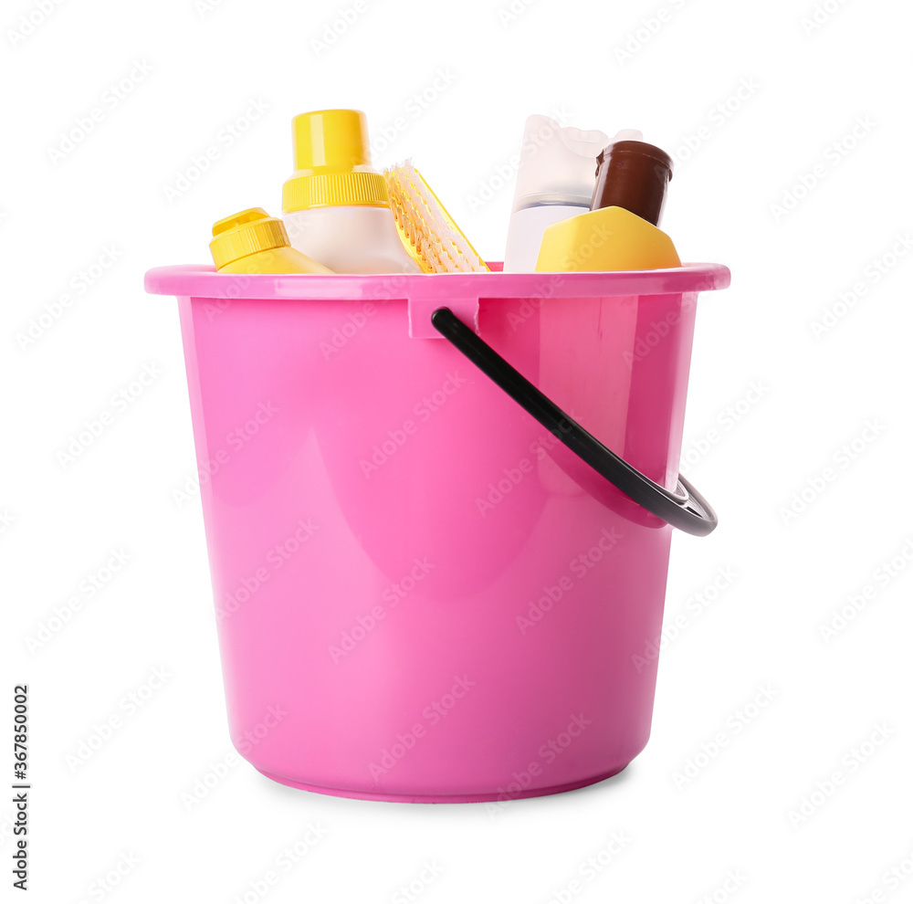 Set of cleaning supplies on white background