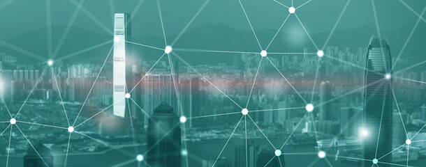 Wall Mural - networking fast wireless internet concept iot network telecommunication 5g website header double exp