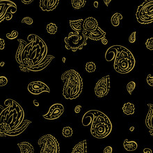 Seamless Gold Paisley Pattern On White Background. Oriental Decoration Print. Boho Style, For Wrapping, Wallpaper, Fabric. Indian Ornament