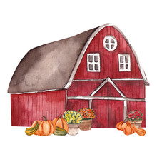 Watercolor Autumn Illustration With Barn And Autumn Floral Element, Isolated On White Background