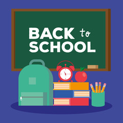 Poster - back to school lettering in chalkboard with set supplies