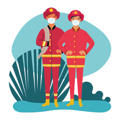 Poster - fire fighters wearing medical mask characters