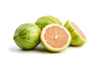 Wall Mural - Variegated Eureka lemons isolated on white background. Citrus fruit with striped rind. Lemon cut in half with pink flesh