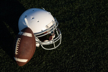 looking down on sports equipment, american football helmet