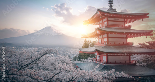 Fotografie, Obraz Fujiyoshida, Japan Beautiful view of mountain Fuji and Chureito pagoda at sunset