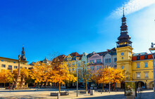 View Of Masaryk Square, Central Square Of Ostrava City Overlooking Old Town Hall And Marian Column On Sunny Autumn Day, Czech Republic