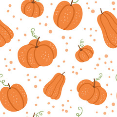 Wall Mural - Vector seamless pattern with cute pumpkins. Autumn vegetables digital paper. Flat style orange squash ornament. Funny veggie texture on white background.