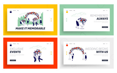  Wedding Agency Staff Decorate Area for Marriage Ceremony Landing Page Template Set. Characters Bring Flowers and Bows