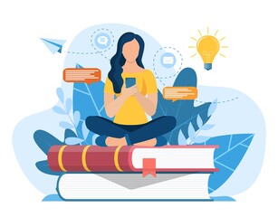 girl sitting on pile of books. concept illustration of online courses, distance studying, self educa