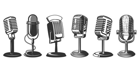 set of illustrations of retro microphone isolated on white background. design element for poster, ca