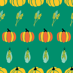 Wall Mural - Maize plant, crop and pumpkins on green background seamless repeating vector pattern. Fall harvesting. For Thanksgiving, wrapping paper, fabric, decor, cards, digital paper, scrapbooking