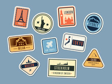 Travel Badges Set. Vintage Stickers With City Names And Sights. Vector Illustration For Summer Vacation, Holiday, Tourism Concepts, Touristic Label Templates