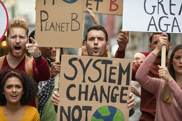 Wall Mural - People with banners protest for climate change