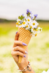 bouquet of daisies in waffle cone